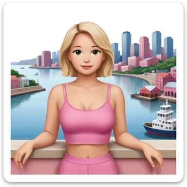 jennifer lawrence, pink crop top leaning on a balcony with a harbor and cityscape in the background, smiling sticker