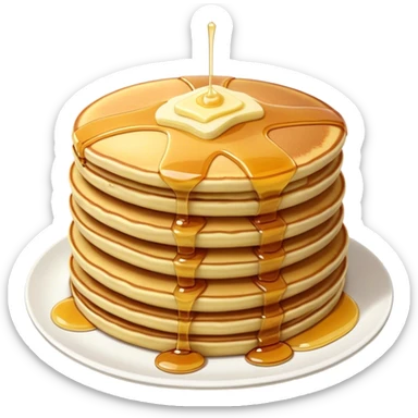 Cinematic fluffy golden pancakes, stacked high, drizzled with maple syrup, topped with fresh butter melting on top, light dusting of powdered sugar, warm and inviting, soft glow and mouthwatering. sticker