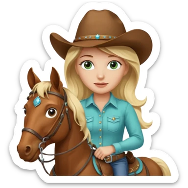 one blonde with light blue green eyes cowgirl on a horse sticker