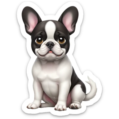 cinematic-[french bulldog]-realistic-full-body-sitting-emoji,-tail-resting-loosely-beside-its-paws,-head-tilted-dramatically,-sleek-[black ant white pied]-fur,-simplified-yet-realistic-focused-features,-highly-detailed,-glowing-with-an-almost-sarcastic-glow sticker