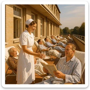 1930s hospital terrace with patients sunbathing, some with books or newspapers, nurse offering a drink, atmosphere of care and optimism, warm colors, sunlight, realistic details, 4K quality sticker