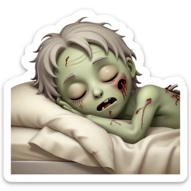 Meme-Worthy Cute Sleeping Zombie Portrait Emoji, with a delightfully quirky, slightly disheveled decaying face in soft ashen hues, head tilted back in peaceful, relaxed sleep with softly closed eyes and a tiny, endearing smile, simplified yet irresistibly charming, highly detailed with a soft eerie glowing outline that captures the gentle, unexpected cuteness of a zombie in serene repose! sticker