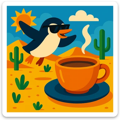 Add sunglasses to the penguin, keep the vibrant and playful style, flying in the desert next to a big cup of tea. sticker