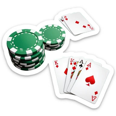 A photorealistic icon featuring playing cards and a stack of poker chips on a green felt table. Bright, detailed design with realistic textures and lighting. Transparent background, clearly symbolizing card games and strategy. sticker