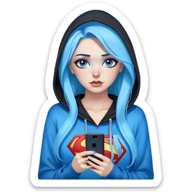 Female-big tears-Very tall-very very very large chest-texting on a samsung cell phone-very long straight black to sky blue hair ombre-blue eyes-black eyeliner-long eyelashes-hoodie with glitter superman logo-leggings-lippierced sticker