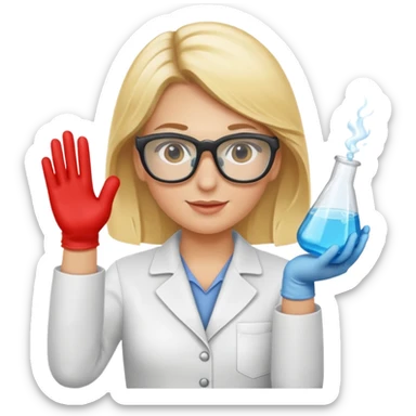 Eine hellblonde Chemikerin mit Kittel, Handschuhen, großer Labor-Sicherheitsbrille und typischem Erlmeyerkolben in der Hand, weißer Hintergrund sticker