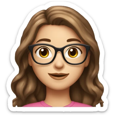 a beautiful girl, cute girl, brown hair, cute face, pink cheeks, hazel eyes, long hair, smiling, hearts on side, emoji, glasses,  white skin, black glasses sticker