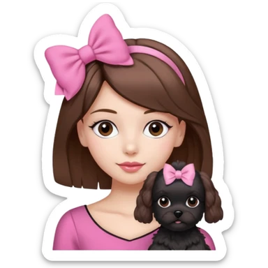 brown haired beautiful girl with a coquette hair accessory and a cute black Maltese dog, pink theme sticker