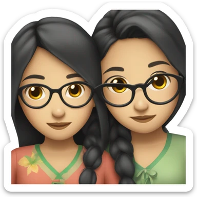 three vietnamese girls hugging one with glasses sticker