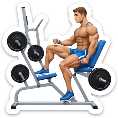 side-view bodybuilder in blue shorts seated weighted calf-raise machine on his tip toes sticker