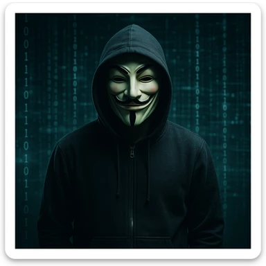 a hacker with a Guy Fawkes mask, dark hoodie sticker
