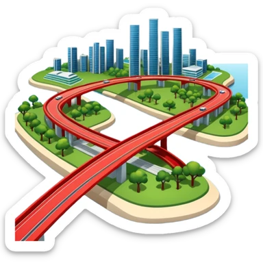 advanced modern island with advanced infrastructure, parks, contemporart buildings, and with a red bridge on one side sticker