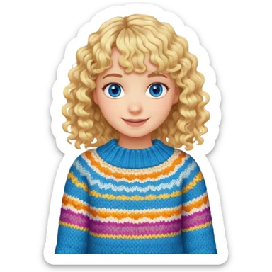 smiling girl with curly blonde hair and bangs, blue eyes with brushes and colourful  knitted sweater sticker
