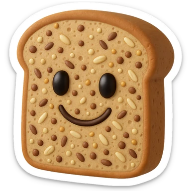 3D cartoon style whole wheat bread with quinoa and rice, smiling face, visible seeds sticker