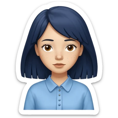 hair : black long hair with fringe 
skin : light with freckle
cloth : oversize light blue shirt + navy long long skirt 
 sticker