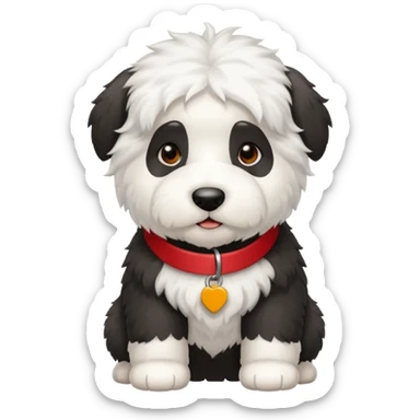 Crea un emoji de un perrito bebé  sheppdog english old con un collar rojo y que la placa diga Rocky sticker