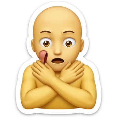 Yellow face emoji strangling itself with 2 arms crossed and hands saround neck and eyes looking up in fear sticker