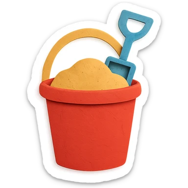 beach bucket and pail with sand and a small shovel, bright colors, in paper-craft style sticker