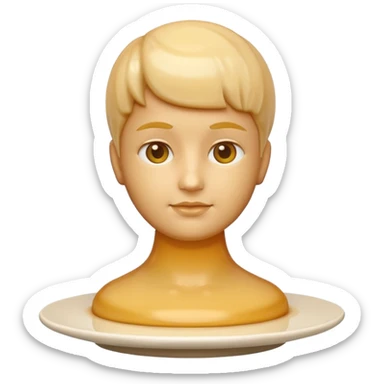 apple style emoji of a bust sculpture all features shapes made from single tall flan with uniform slightly translucent beige gelee texture, on white plate sticker