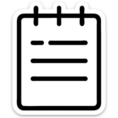 minimalistic bold white line icon in Netflix UI style, notepad with three dashes and horizontal lines, clean geometric lines, perfectly readable at small sizes sticker