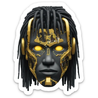 black metal male cyborg head with circuitry and wispy yellow gold hair sticker