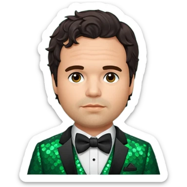 Mark Ruffalo with dark brown hair, dark green sequin suit with bow tie sticker