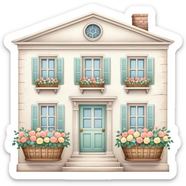 vintage white house with flower baskets in window sticker