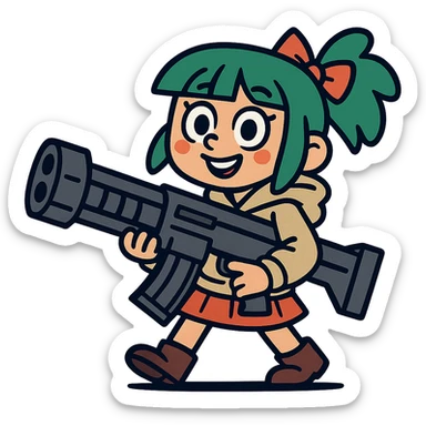 funny, positive stalker girl named Businka with a huge machine gun sticker