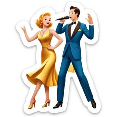 Vintage movie poster-style icon for a musical film. The cityscape glows in the background, evoking the golden era of musicals. A vibrant street scene with bright lights, dancers mid-step, a singer with a microphone, and a jazz band playing. Transparent background. sticker