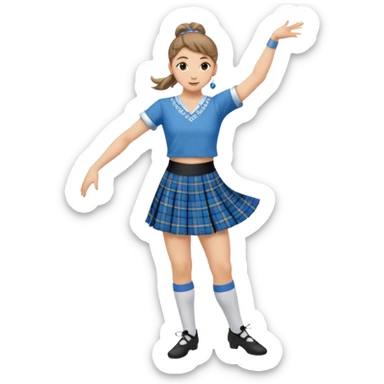 Female highland dancer with hair in bun wearing blue plaid kilt and dancing sticker