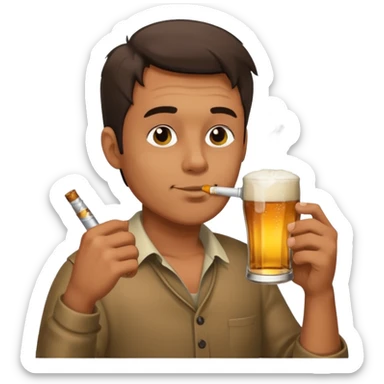 Man drinking a beer with a cigarette sticker