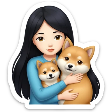 A beautiful girl with long black hair hugs a Shiba Lnu sticker