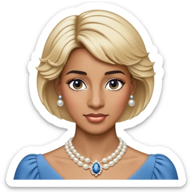black woman with Princess Diana's iconic short blonde hairstyle, pearl necklace, and elegant blue dress sticker