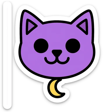Create an image of just the head of a purple cat with large black eyes, a wide black smile with no teeth, and a visible gold moon pendant. The background should be removed, leaving only the cat's head and pendant visible. sticker