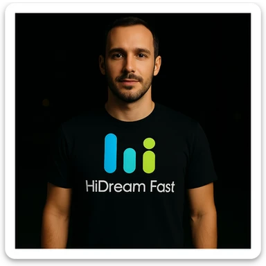 man wearing tshirt with this logo, dark night background with dim , add fast below logo, make man fit into image, add fast insead pf the dev keep rest same sticker