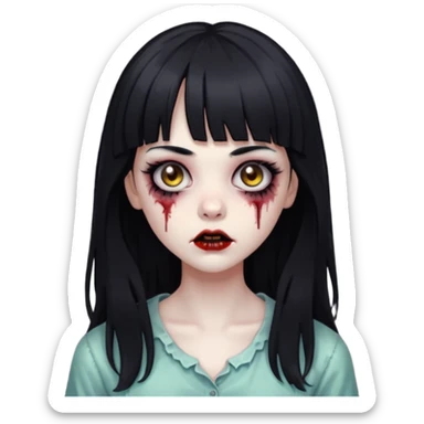Zombie girl, black hair with bangs, slightly wavy, very long hair,long eyelashes, black eyes,iOS style sticker