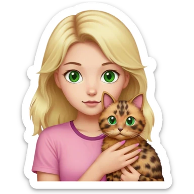 A blonde girl with green eyes and a pink shirt is holding a fluffy tortoiseshell cat sticker