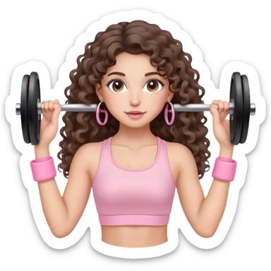 cute balayage brunette long hair curly/wavy haired girl, hoop earrings, clean girl makeup DOING EXERCISE with weights with a cute pastel pink set sticker