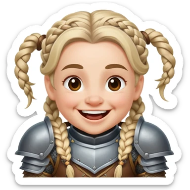 laughing female dwarf from Lineage 2 with braided hair and armor sticker