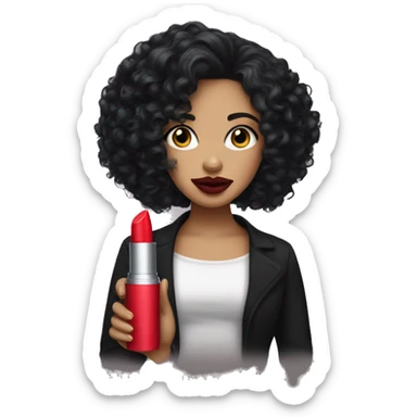 White curl, curly long black hair holding her lipstick lips sticker