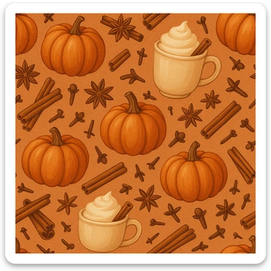 seamless pattern of pumpkins and pumpkin spice, warm orange and cinnamon tones, cozy autumn vibes, soft texture, vector style, high resolution sticker
