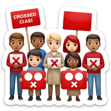 a crowd of people with unhappy faces and holding placards on which everything is crossed out in red sticker