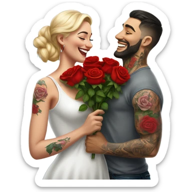 Hyper Realistic beautiful woman smells bouquet of bright red roses laughing with handsome tattooed man  sticker