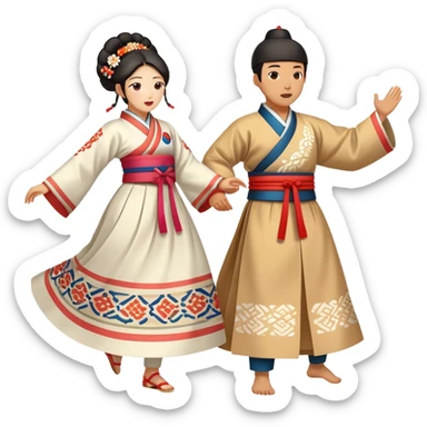 Cinematic Realistic scene of two performers engaging in Ganggangsullae, dressed in traditional Korean costumes with intricate patterns and graceful movements, illuminated by soft, festive lighting that accentuates the cultural ambiance sticker
