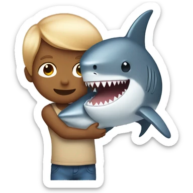 Tan little boy with straight hair cuddling a shark sticker