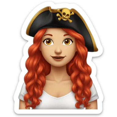 Woman long red hair. Hair hanging to one side only and hairstlye is a single platt, tattoo on side of head.  pirate hat. skull and crossbones t shirt sticker