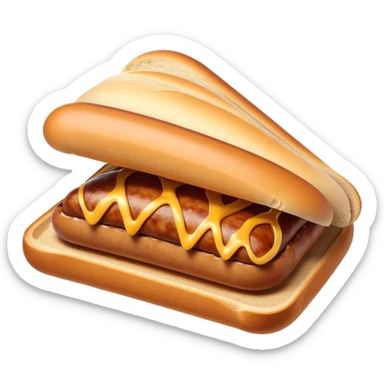 Sausage Sizzle Cinematic Realistic Sausage Sizzle Dish Emoji, depicted as a sizzling sausage tucked into a triangular slice of bread, rendered with rich textures and dynamic, warm lighting. sticker