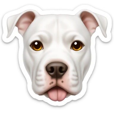 white pitbull dog with brown eyes and a brown ear sticker