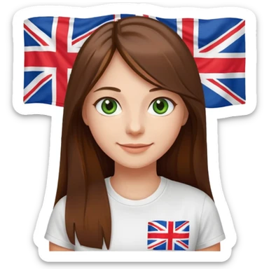 Una chica con pelo liso, largo y marrón. Ojos verdes, camiseta blanca con una bandera de Reino Unido. sticker