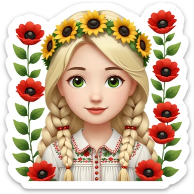 Эмодзи молодой украинской девушки, красивой, весёлой, в ярком мультяшном стиле, похожем на современные анимированные смайлики или персонажей Disney/Pixar. У неё светлая кожа, большие искрящиеся глаза, нежная улыбка, румяные щёки. На голове цветочный венок из ромашек, маков и подсолнухов с зелёными листьями, яркий и объёмный. Она одета в белую вышиванку с рукавами, украшенными красными и чёрными геометрическими узорами, платье слегка расклешённое. На шее крупные красные бусы, блестящие, как кораллы. Волосы длинные, светло-русые, заплетены в косу, виднеющуюся из-под венка. Эмодзи выразительное, с позитивной энергией, чёткими контурами, яркими цветами. Фон полностью прозрачный, изображение квадратное, оптимизировано для использования как смайлик. sticker